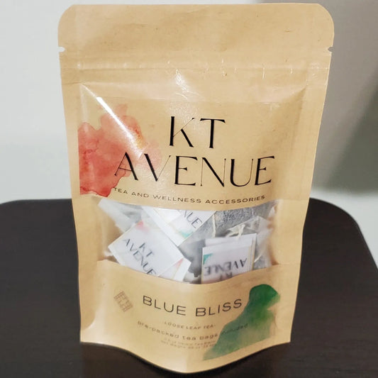KT Avenue tea package with 'Blue Bliss' on a dark surface