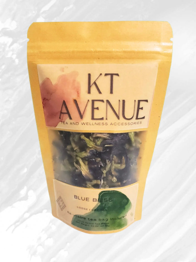 KT Avenue tea package with blue tea herbs on a white background