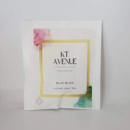 KT Avenue Blue Bliss loose leaf tea package on a light gray background